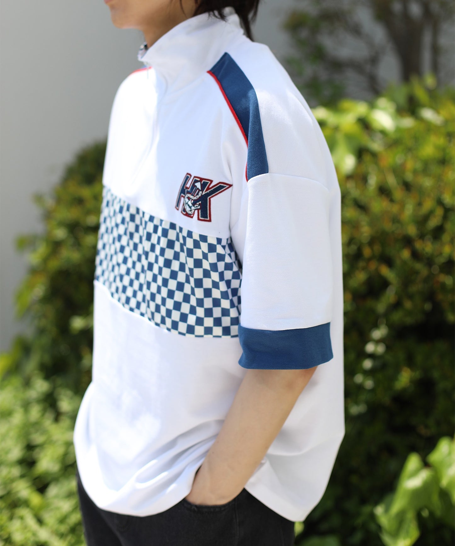 [HOOK -original-] Racing style block check switching short sleeve half zip