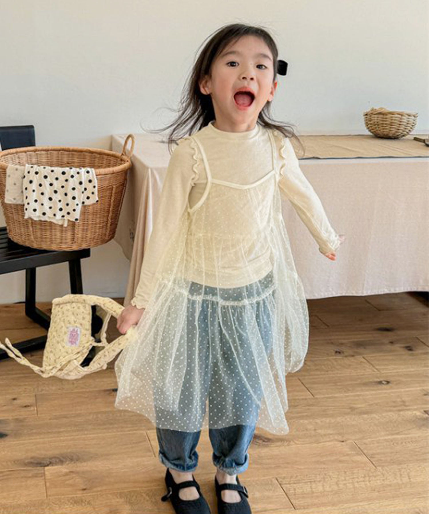 【aimoha-KIDS-】キッズ シアーチュールドットキャミワンピ×カットソーセット (SS)