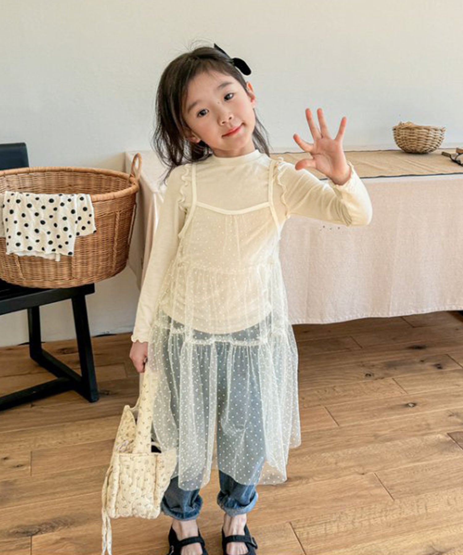 【aimoha-KIDS-】キッズ シアーチュールドットキャミワンピ×カットソーセット (SS)