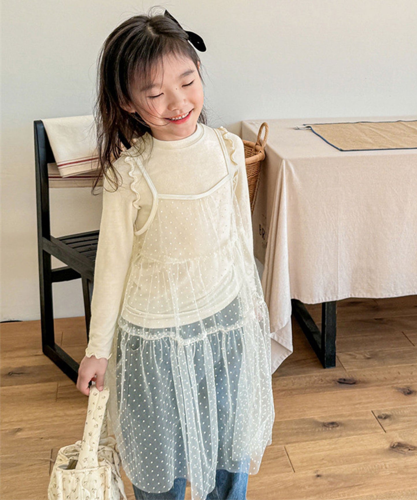【aimoha-KIDS-】キッズ シアーチュールドットキャミワンピ×カットソーセット (SS)