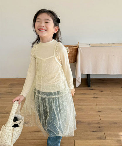 【aimoha-KIDS-】キッズ シアーチュールドットキャミワンピ×カットソーセット (SS)