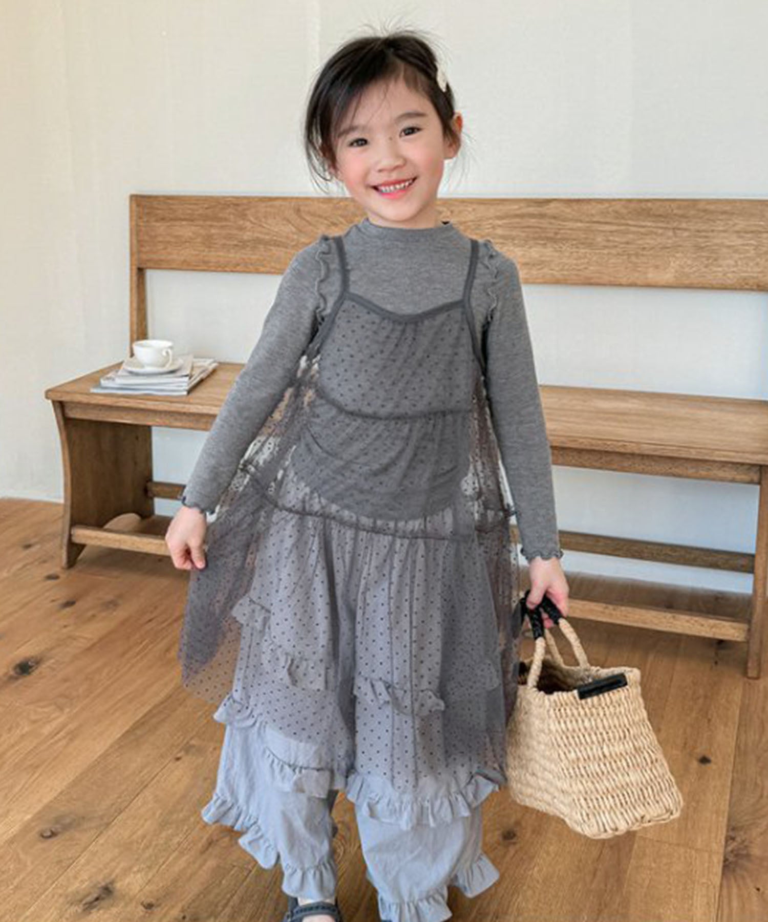 【aimoha-KIDS-】キッズ シアーチュールドットキャミワンピ×カットソーセット (SS)