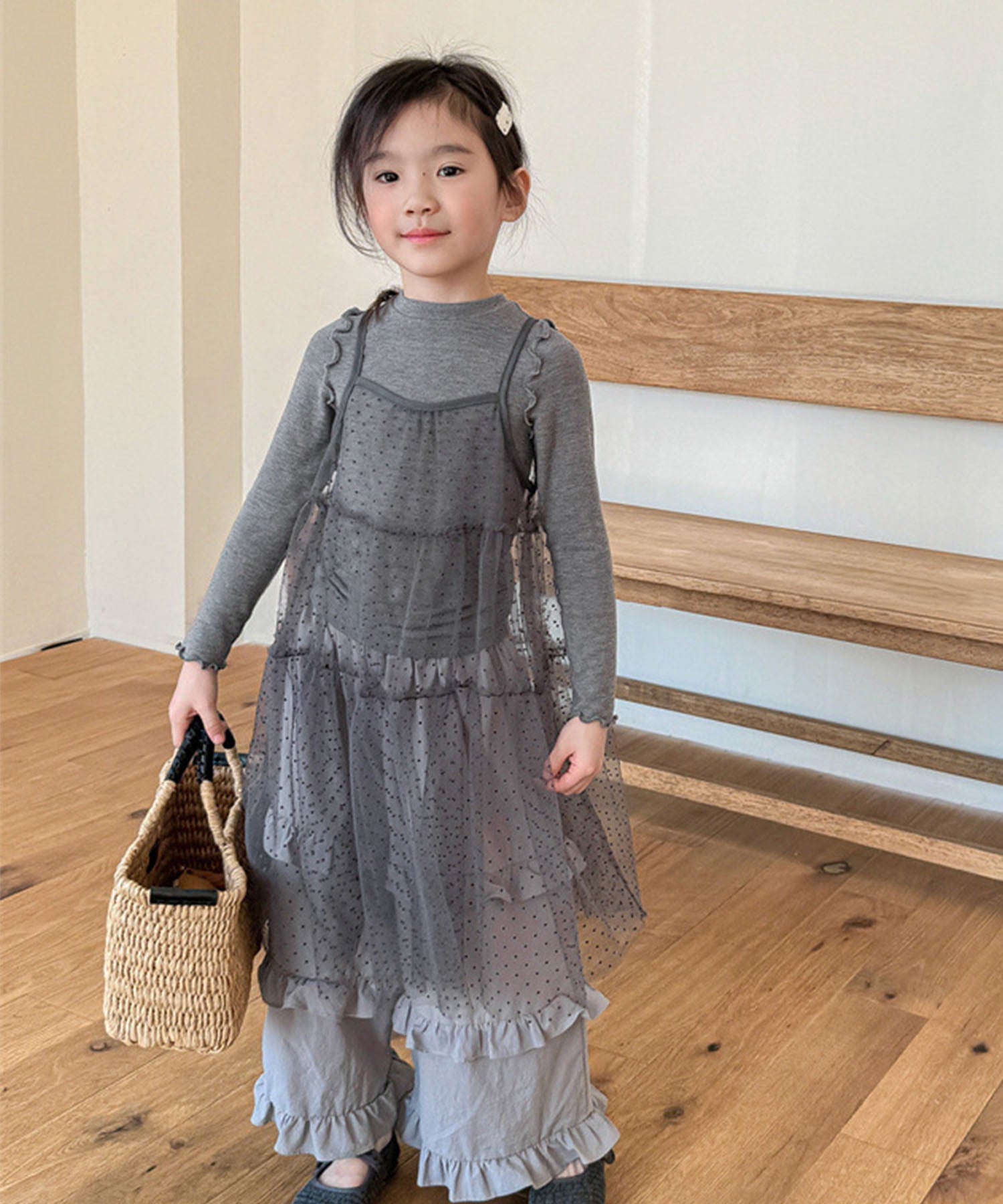 【aimoha-KIDS-】キッズ シアーチュールドットキャミワンピ×カットソーセット (SS)