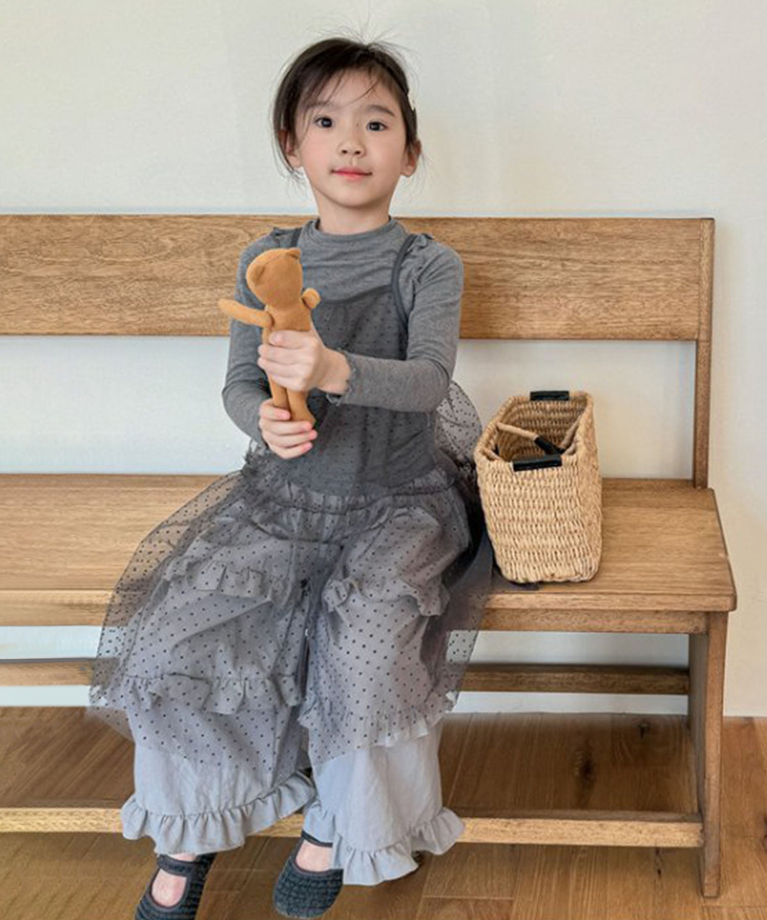 【aimoha-KIDS-】キッズ シアーチュールドットキャミワンピ×カットソーセット (SS)