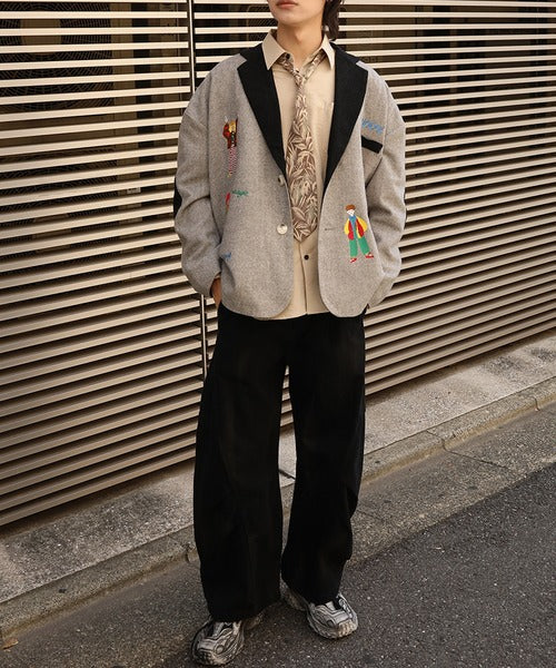 HOOK -original-　レトロ調人物刺繍異素材襟テーラードジャケット