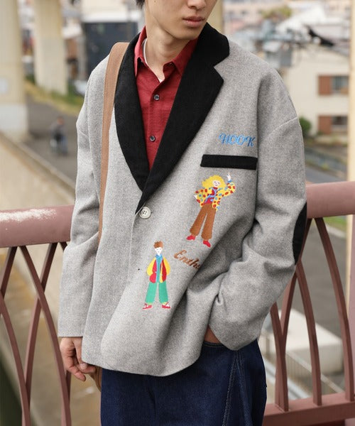 HOOK -original-　レトロ調人物刺繍異素材襟テーラードジャケット
