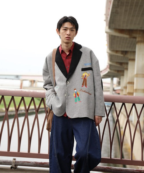 HOOK -original-　レトロ調人物刺繍異素材襟テーラードジャケット