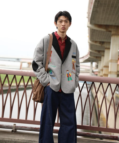 HOOK -original-　レトロ調人物刺繍異素材襟テーラードジャケット