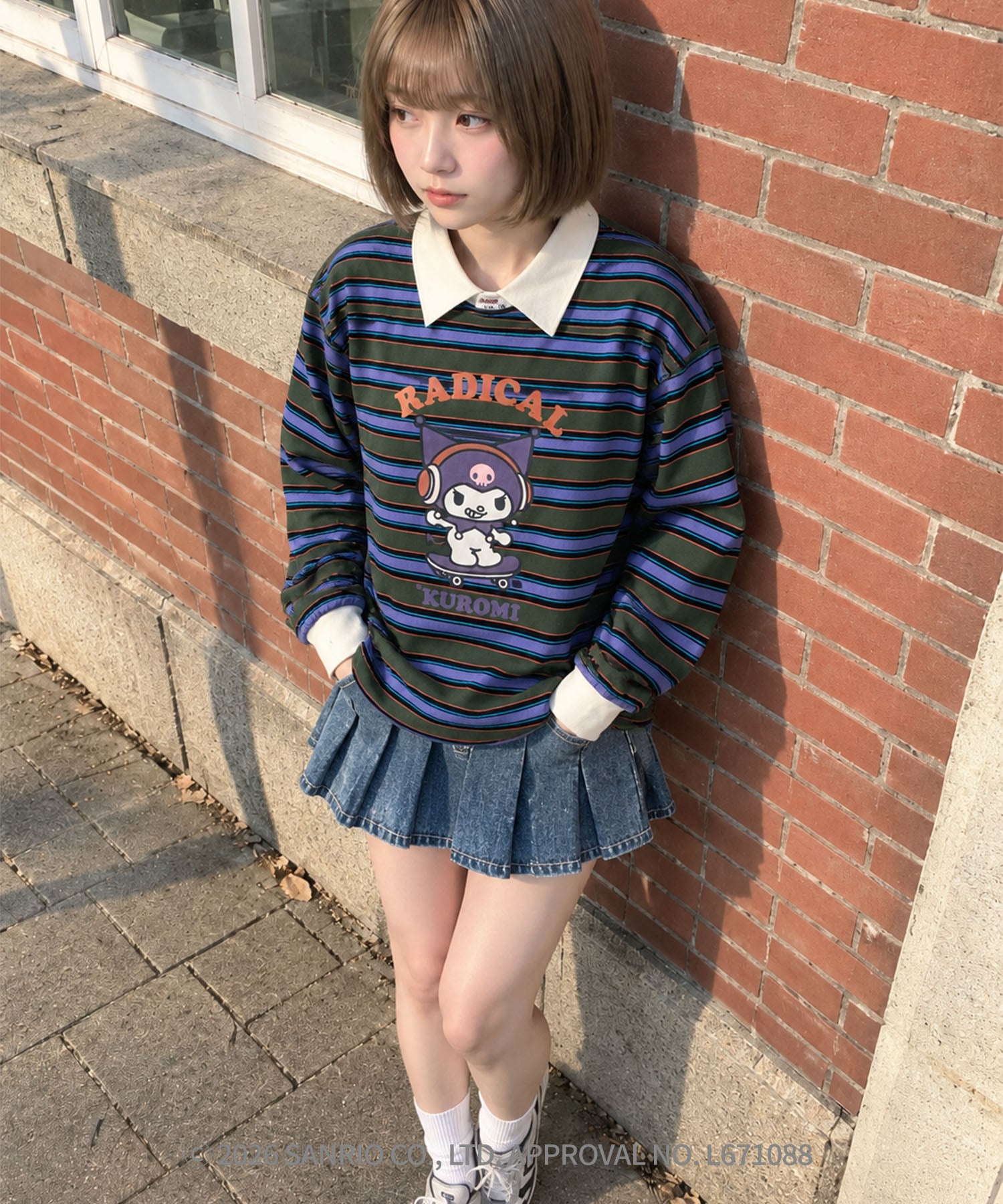 HOOK -original- SANRIO CHARACTERS Collaboration Polo-Collar Multi-Stripe Long-Sleeve T-Shirt