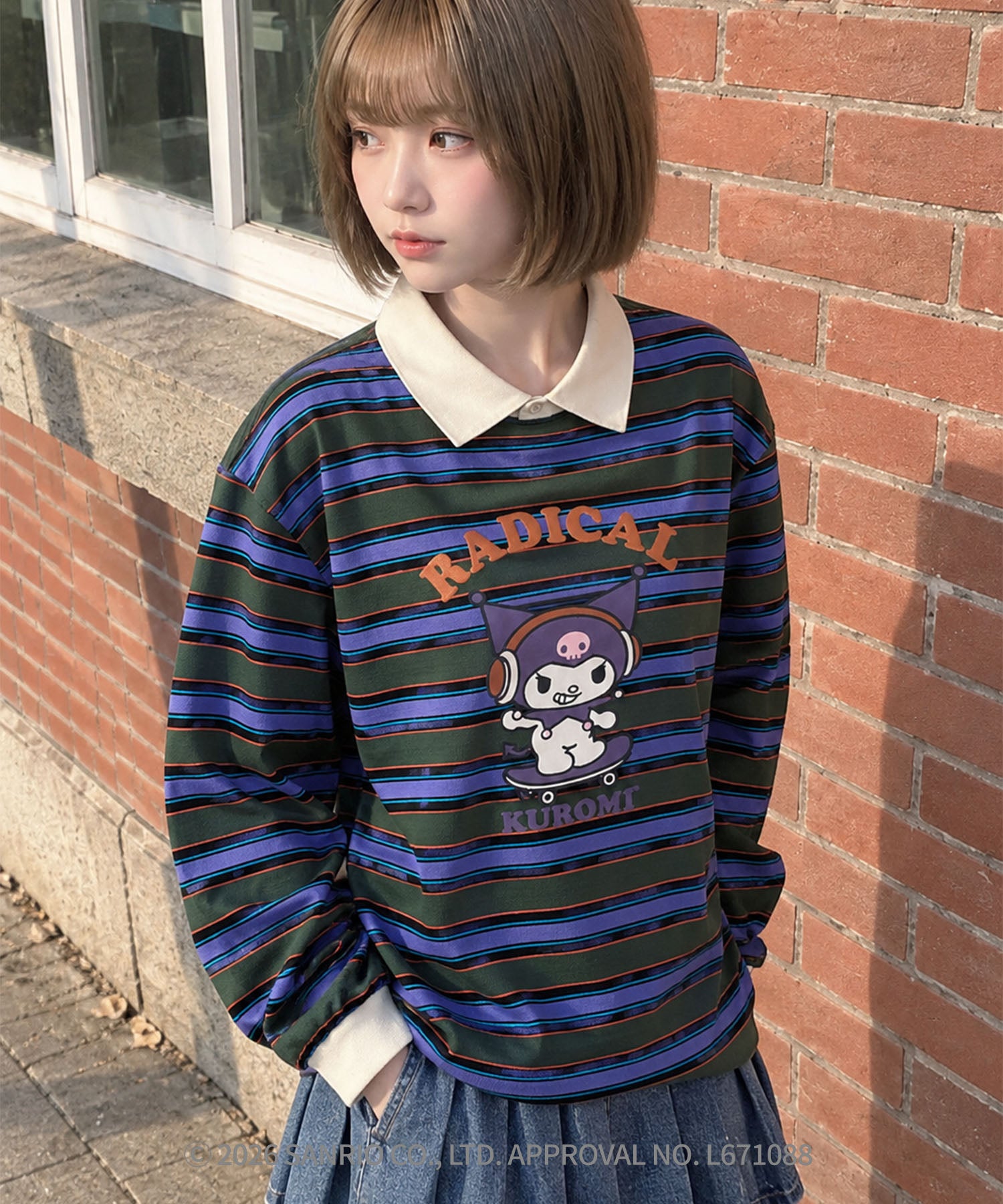 HOOK -original- SANRIO CHARACTERS Collaboration Polo-Collar Multi-Stripe Long-Sleeve T-Shirt
