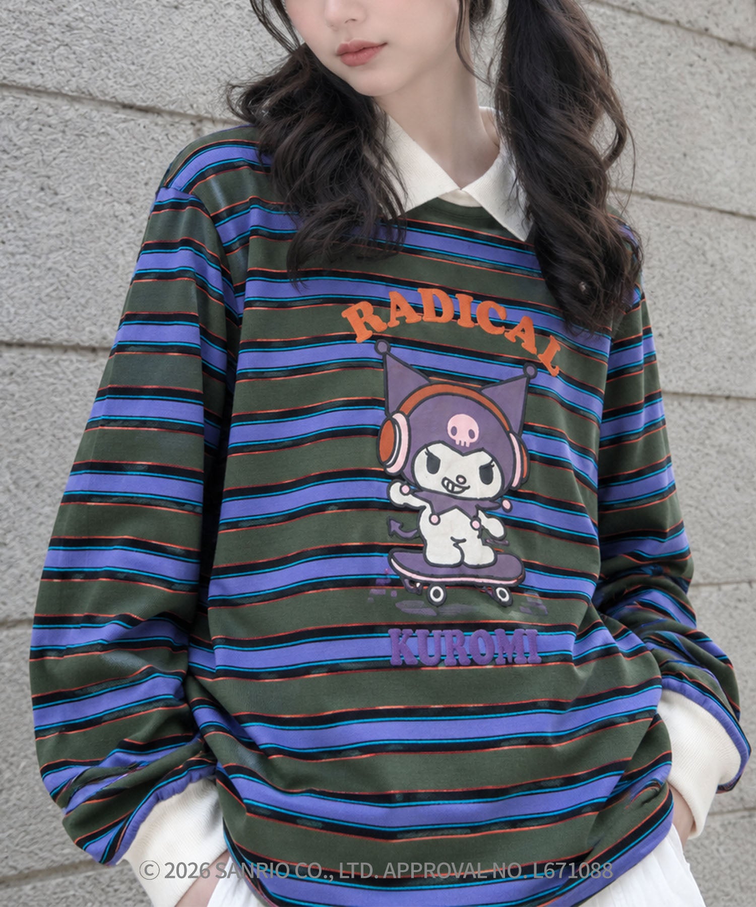 HOOK -original- SANRIO CHARACTERS Collaboration Polo-Collar Multi-Stripe Long-Sleeve T-Shirt