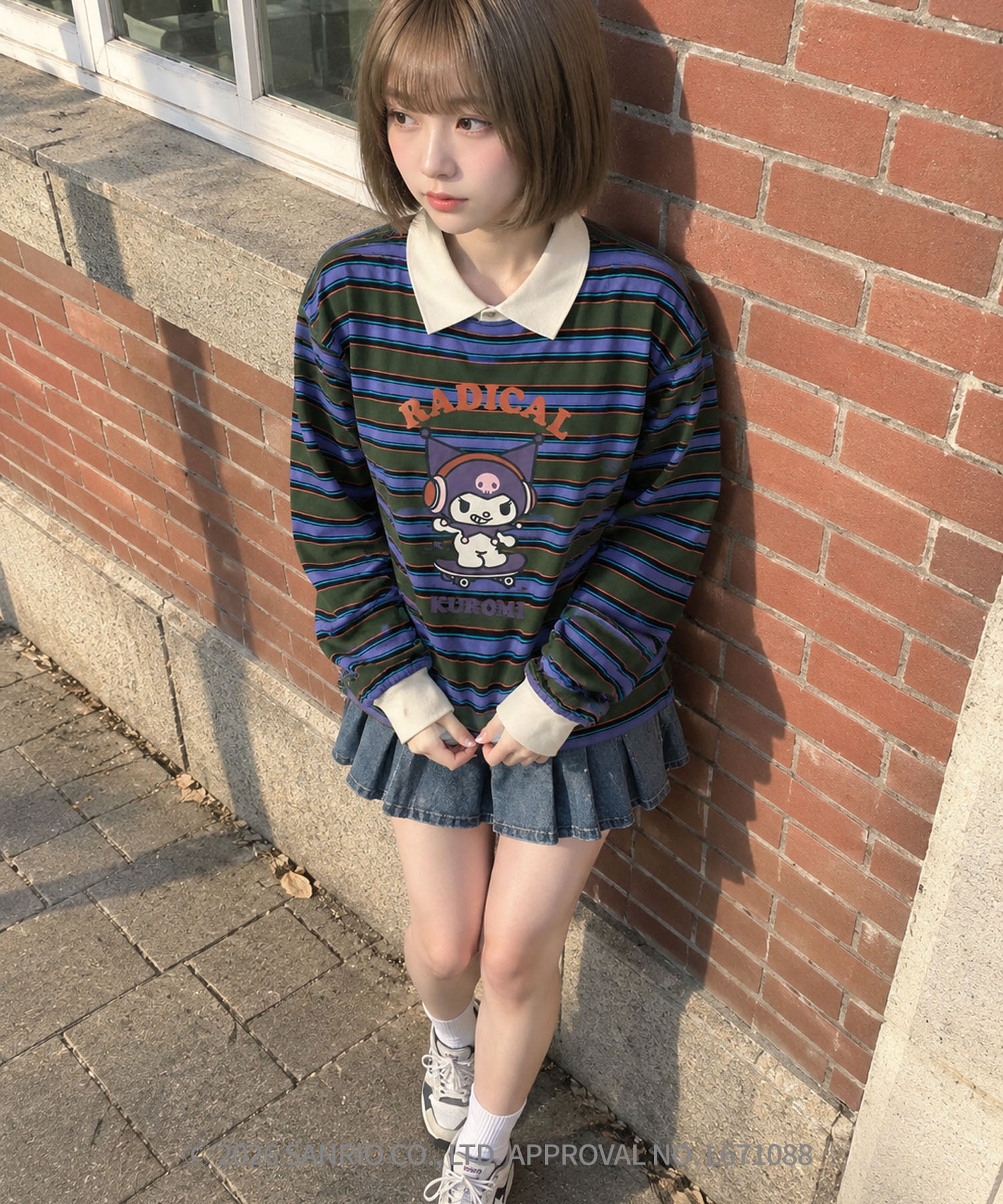 HOOK -original- SANRIO CHARACTERS Collaboration Polo-Collar Multi-Stripe Long-Sleeve T-Shirt