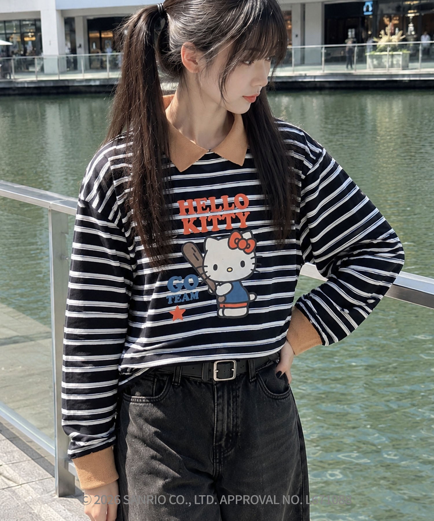 HOOK -original- SANRIO CHARACTERS Collaboration Polo-Collar Multi-Stripe Long-Sleeve T-Shirt
