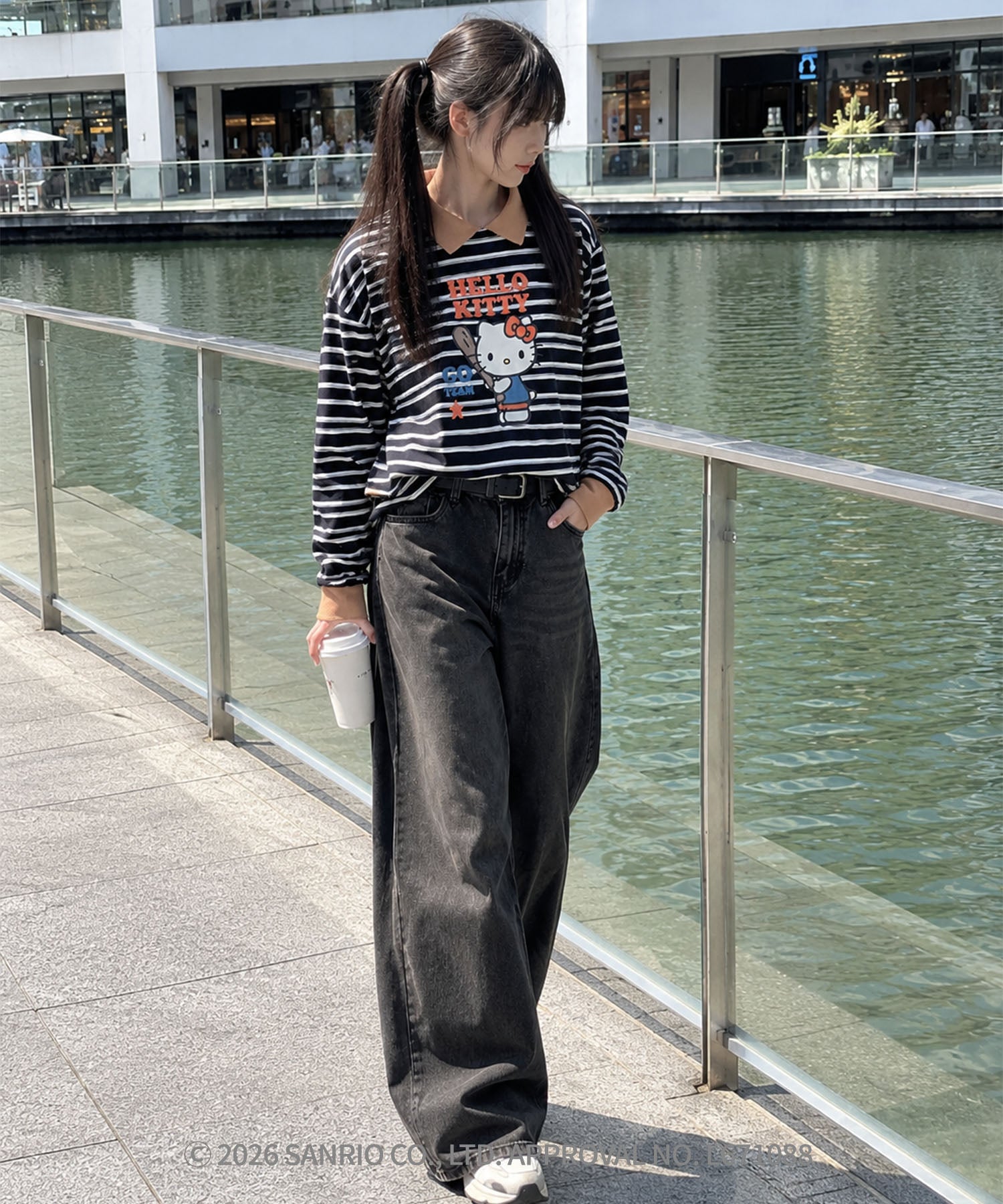 HOOK -original- SANRIO CHARACTERS Collaboration Polo-Collar Multi-Stripe Long-Sleeve T-Shirt