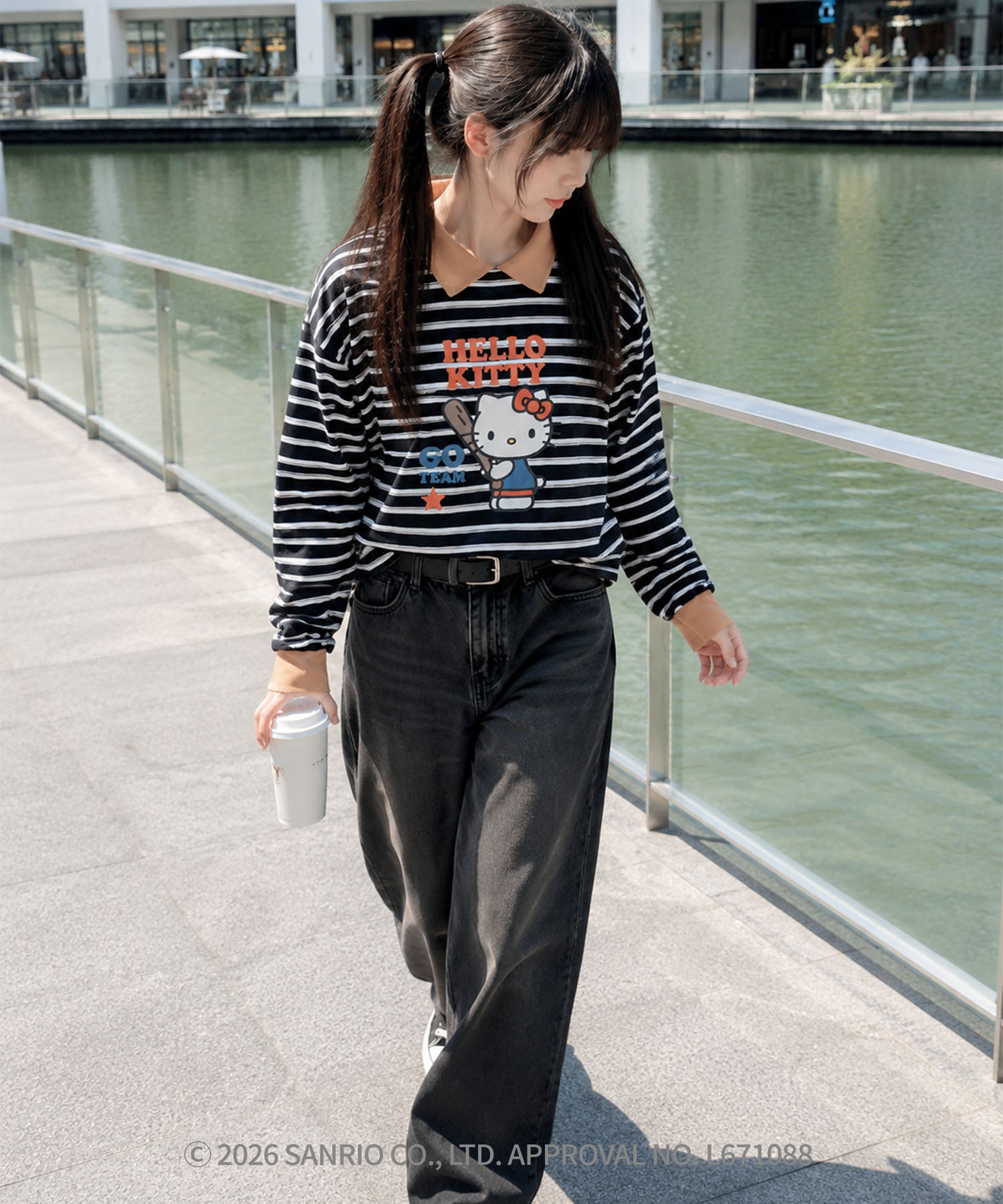 HOOK -original- SANRIO CHARACTERS Collaboration Polo-Collar Multi-Stripe Long-Sleeve T-Shirt