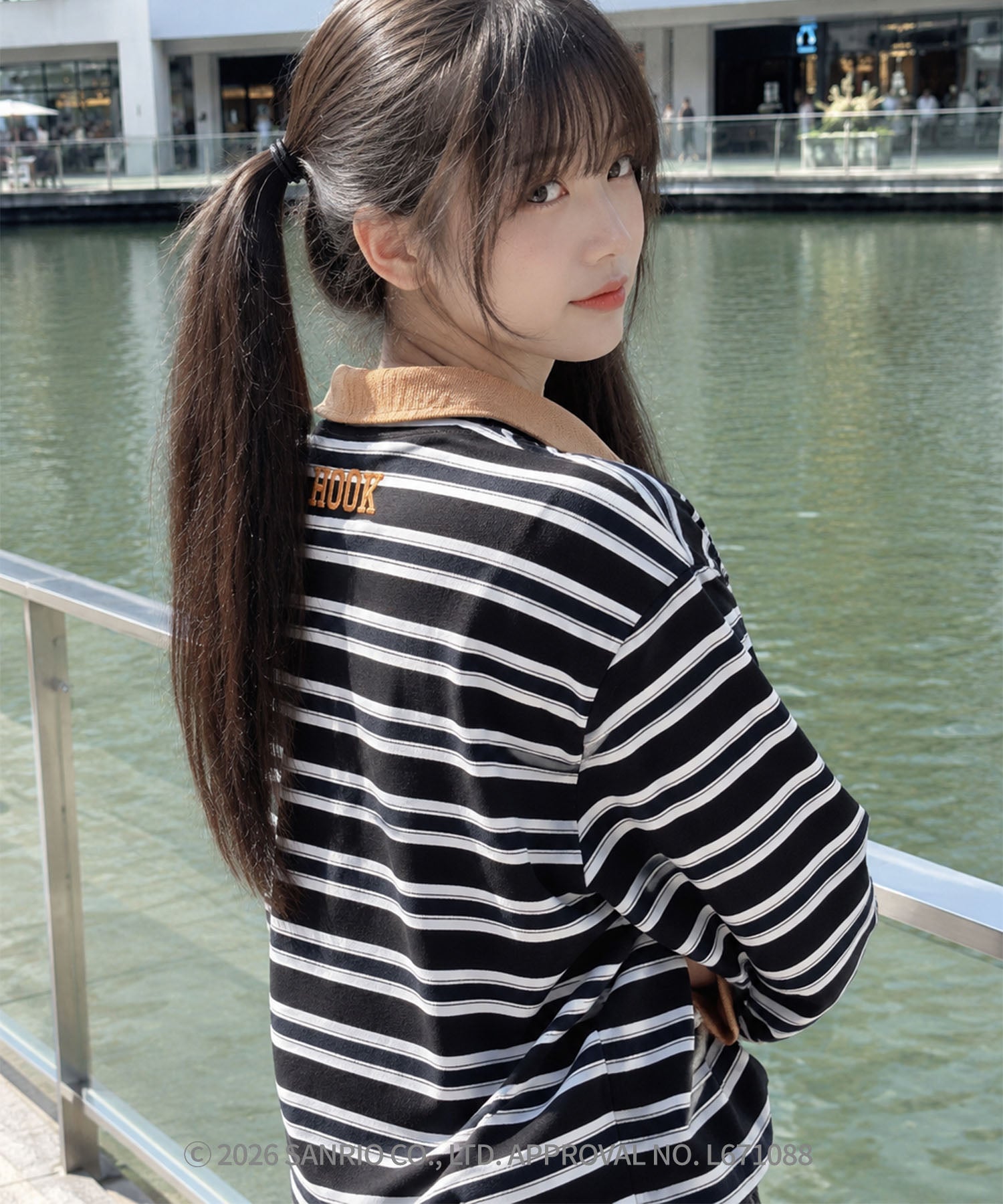 HOOK -original- SANRIO CHARACTERS Collaboration Polo-Collar Multi-Stripe Long-Sleeve T-Shirt