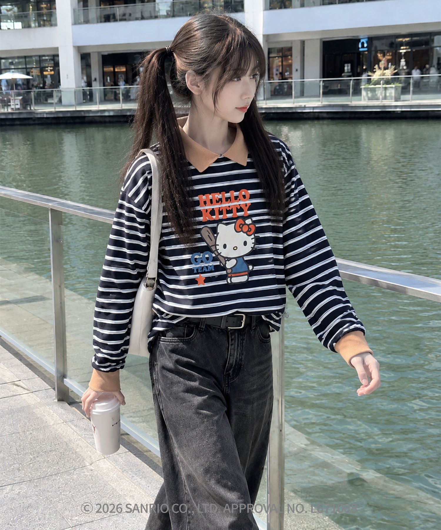 HOOK -original- SANRIO CHARACTERS Collaboration Polo-Collar Multi-Stripe Long-Sleeve T-Shirt
