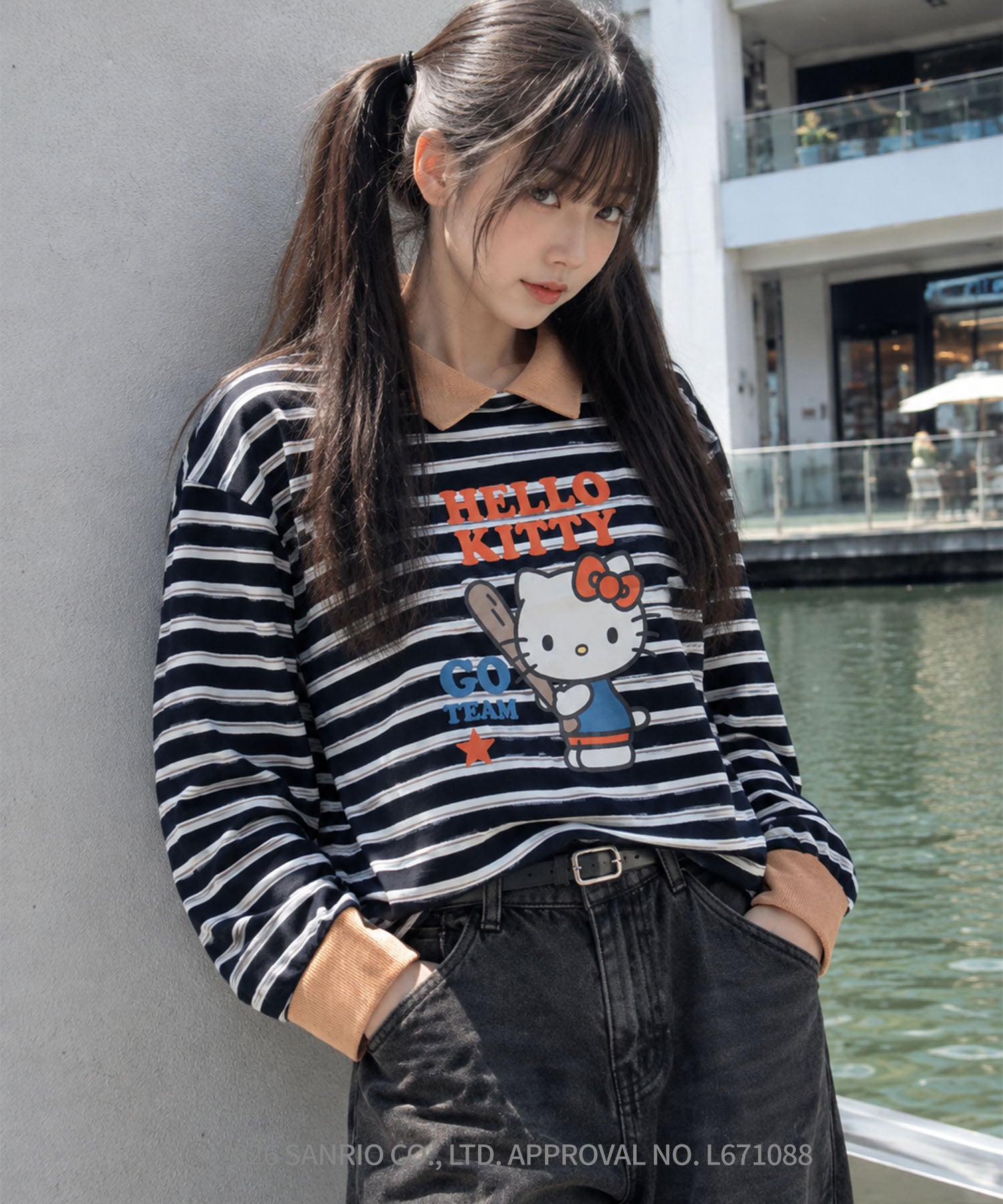HOOK -original- SANRIO CHARACTERS Collaboration Polo-Collar Multi-Stripe Long-Sleeve T-Shirt