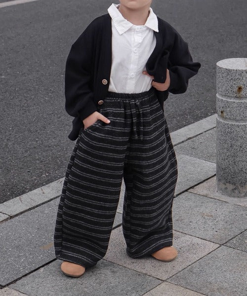 【aimoha-KIDS-】キッズ　裏起毛ボーダースウェットリラックスパンツ