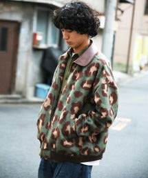 HOOK -original-　レトロ古着風 PU襟レオパード調メルトン風ジャケット