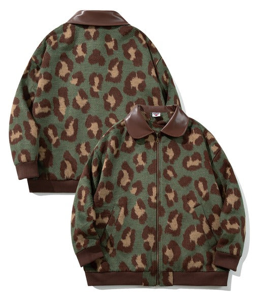 HOOK -original-　レトロ古着風 PU襟レオパード調メルトン風ジャケット