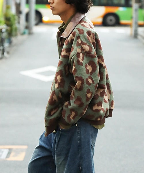 HOOK -original-　レトロ古着風 PU襟レオパード調メルトン風ジャケット