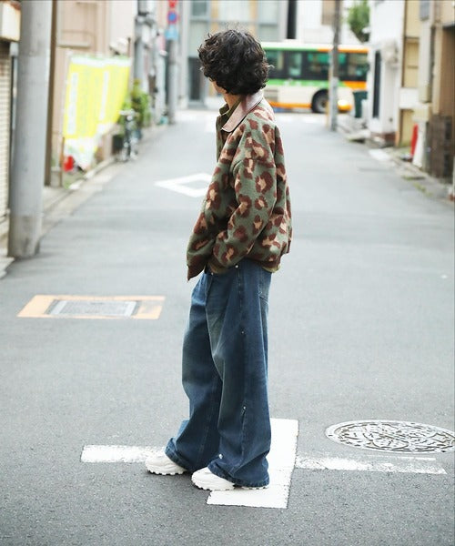 HOOK -original-　レトロ古着風 PU襟レオパード調メルトン風ジャケット