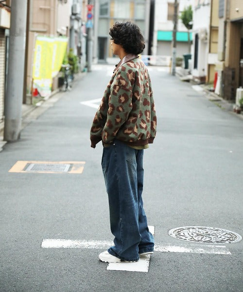 HOOK -original-　レトロ古着風 PU襟レオパード調メルトン風ジャケット