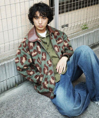 HOOK -original-　レトロ古着風 PU襟レオパード調メルトン風ジャケット