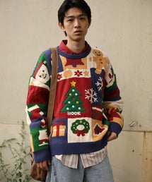 HOOK -original-　厚手パッチワーククリスマスニットプルオーバー