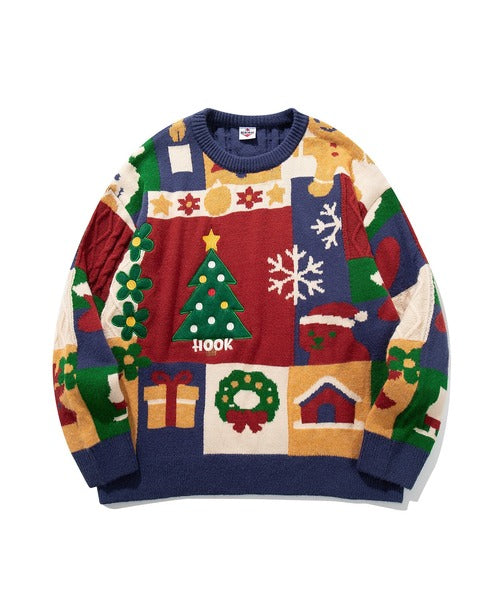 HOOK -original-　厚手パッチワーククリスマスニットプルオーバー