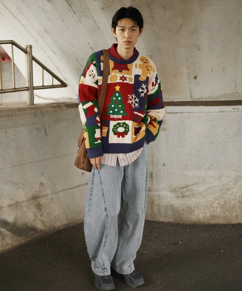HOOK -original-　厚手パッチワーククリスマスニットプルオーバー