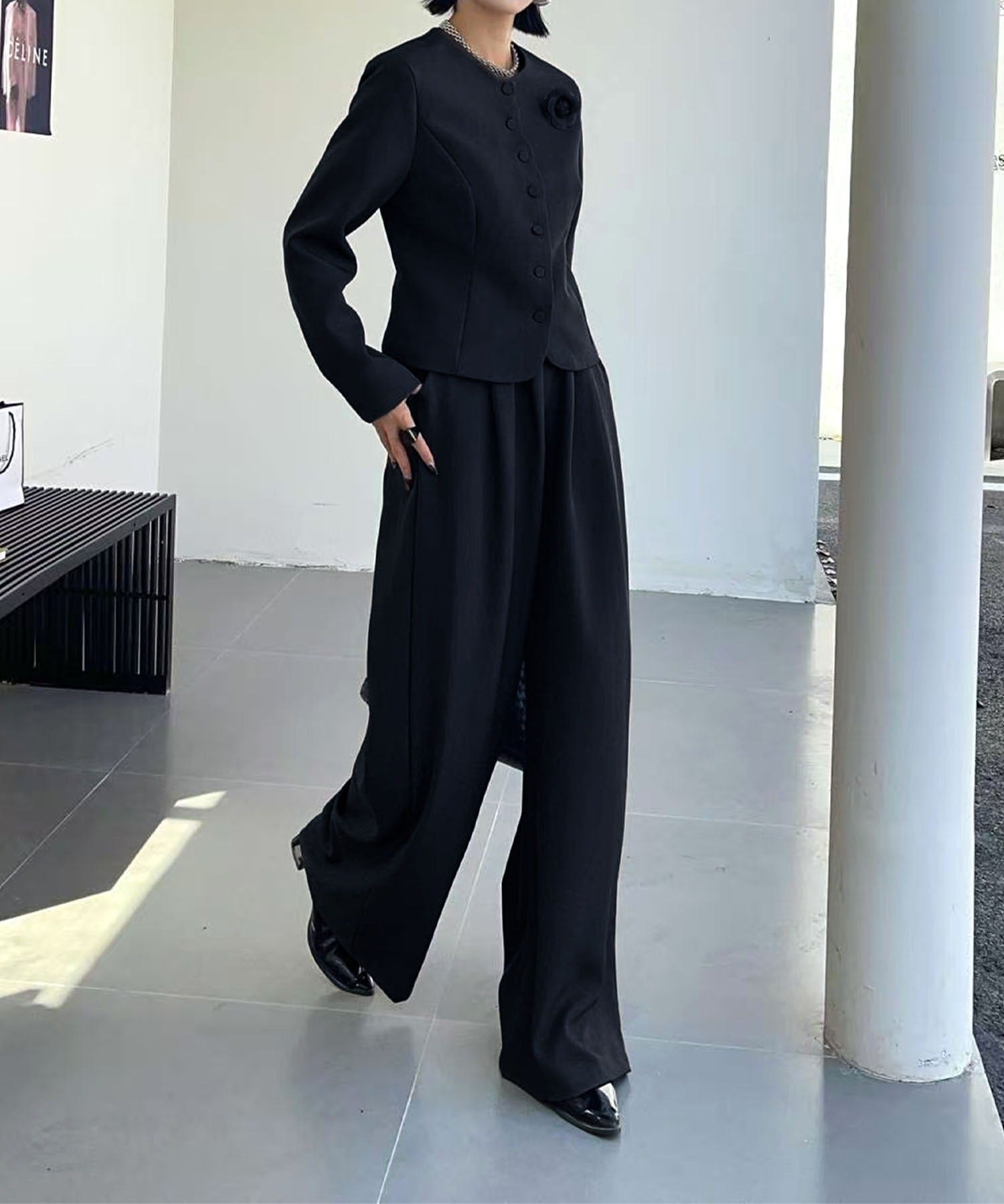aimoha Collarless Short Jacket + Wide Leg Pants Suit Set