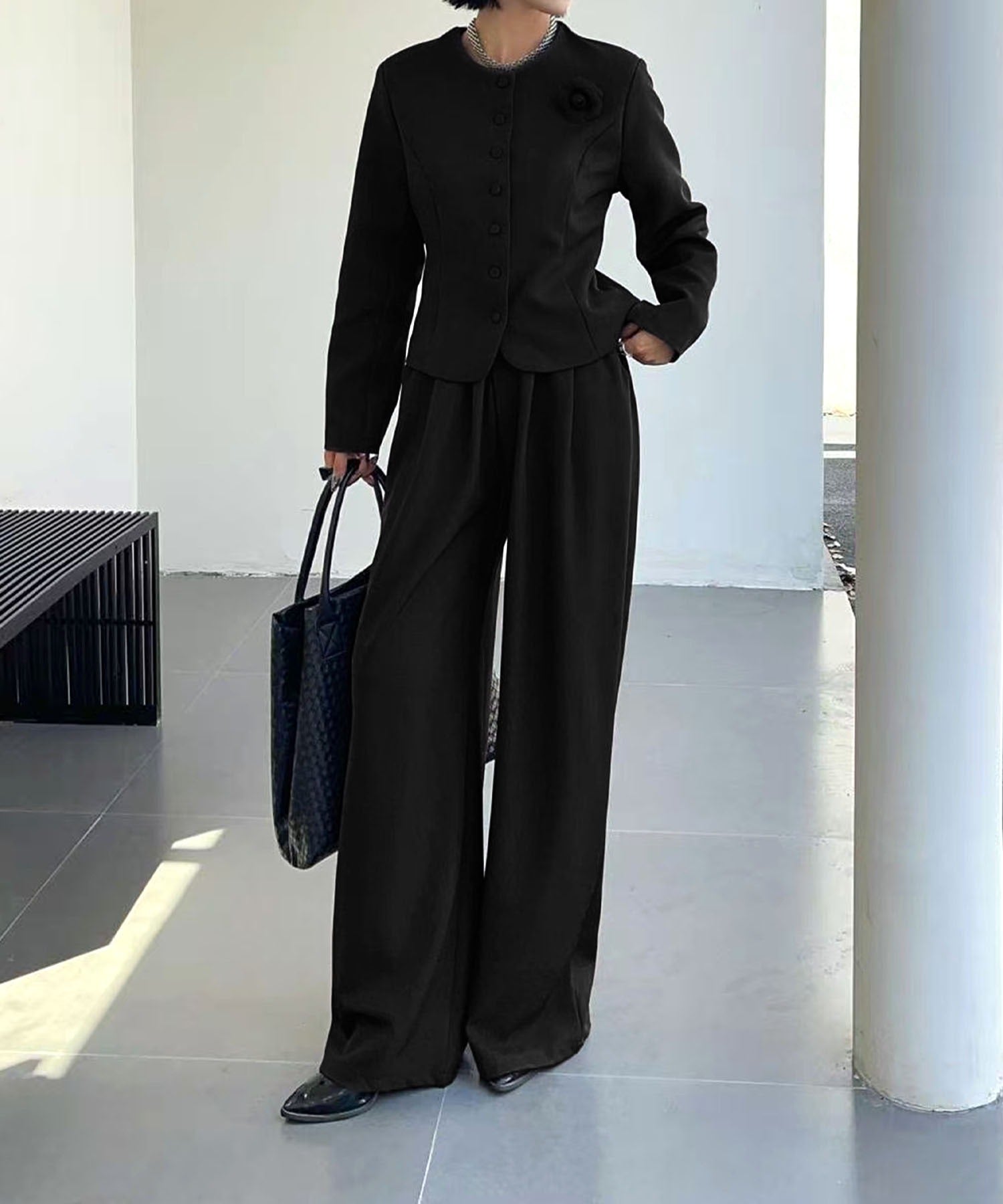 aimoha Collarless Short Jacket + Wide Leg Pants Suit Set