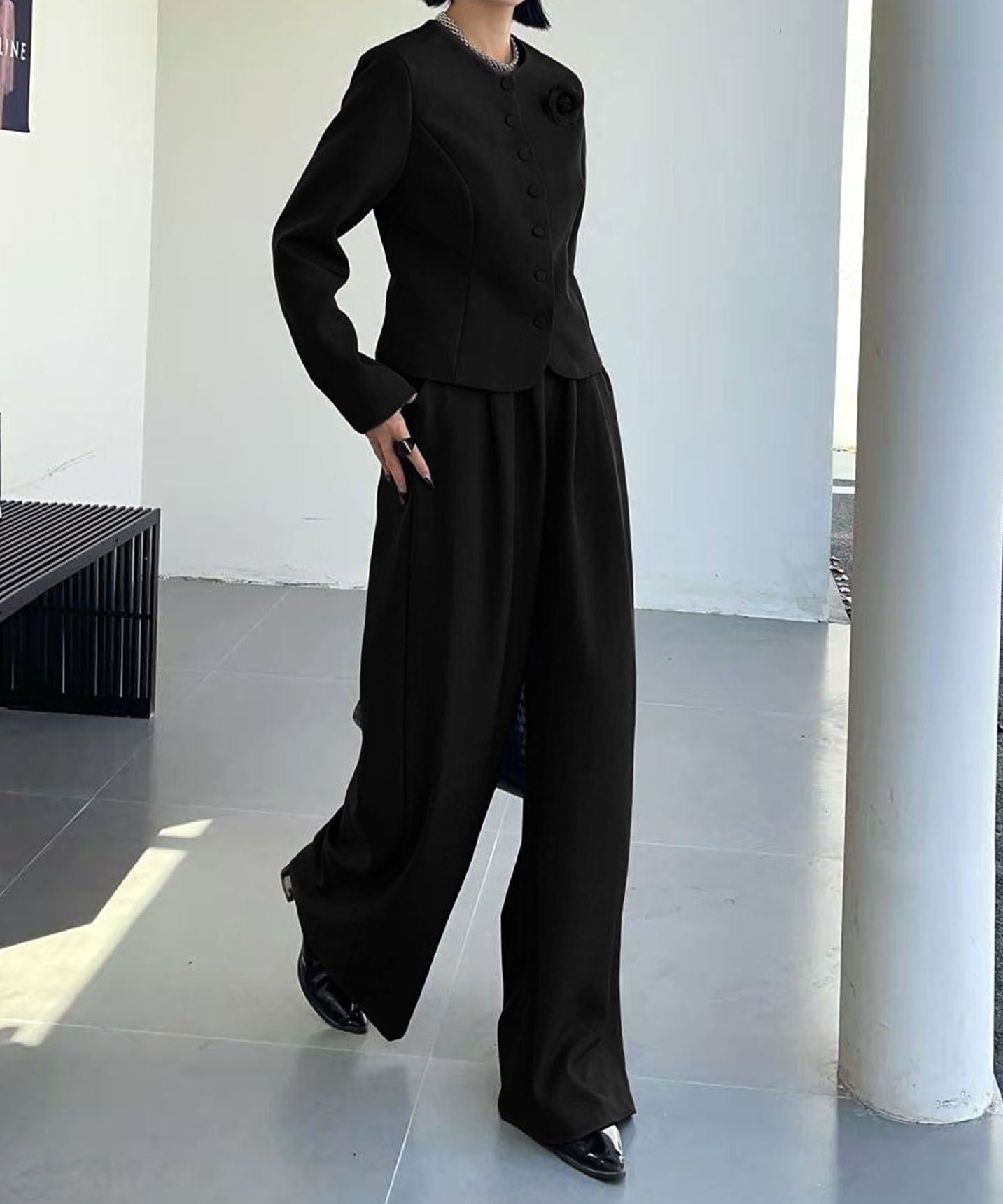 aimoha Collarless Short Jacket + Wide Leg Pants Suit Set