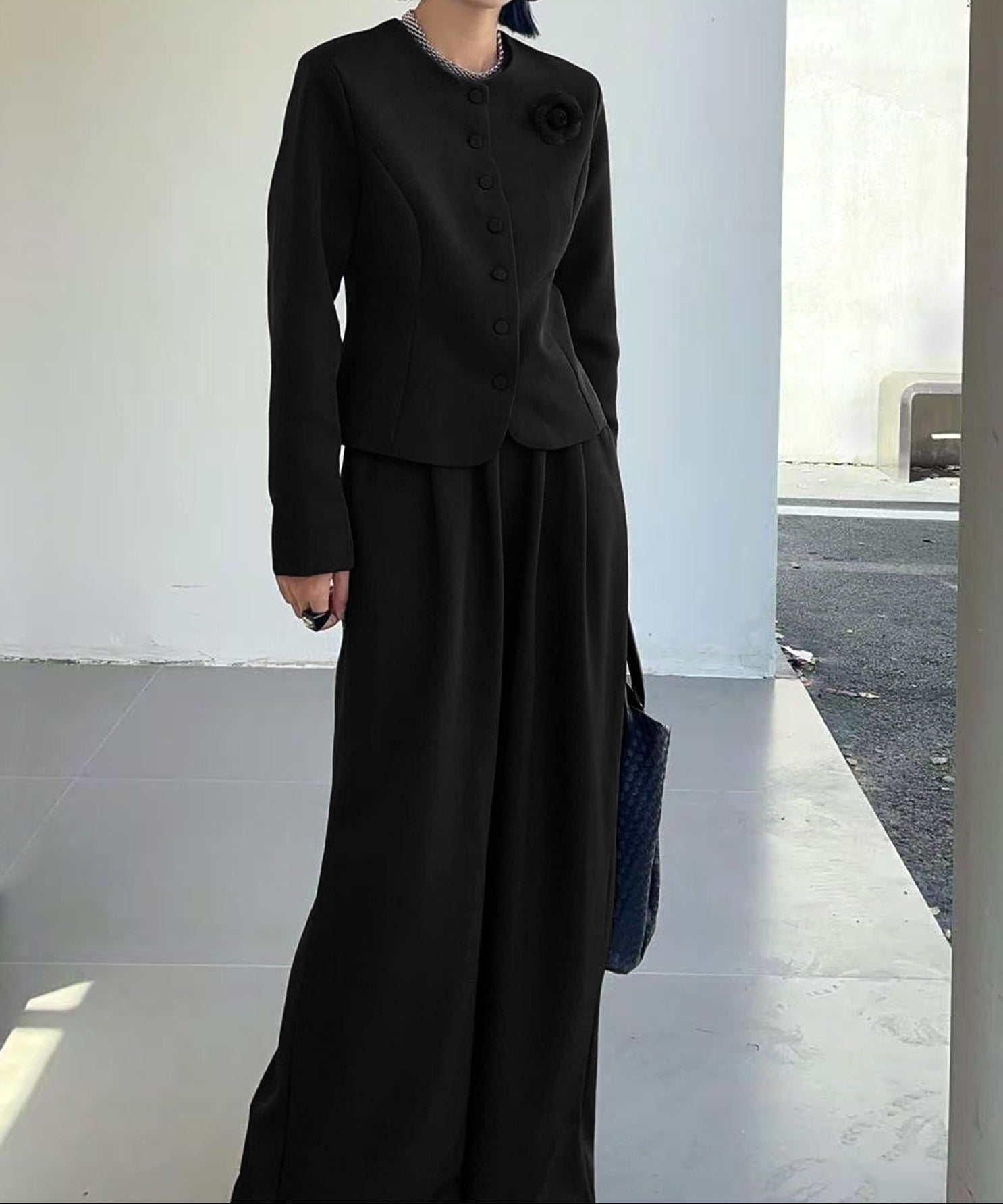 aimoha Collarless Short Jacket + Wide Leg Pants Suit Set