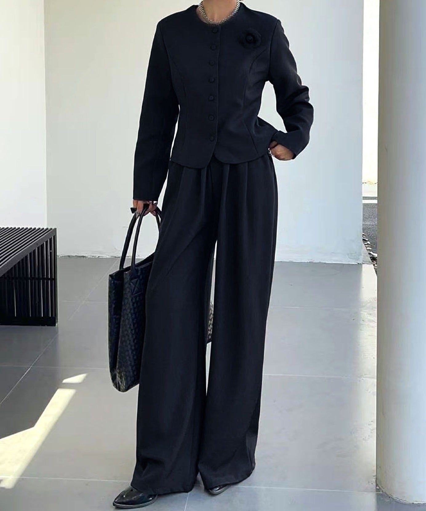 aimoha Collarless Short Jacket + Wide Leg Pants Suit Set