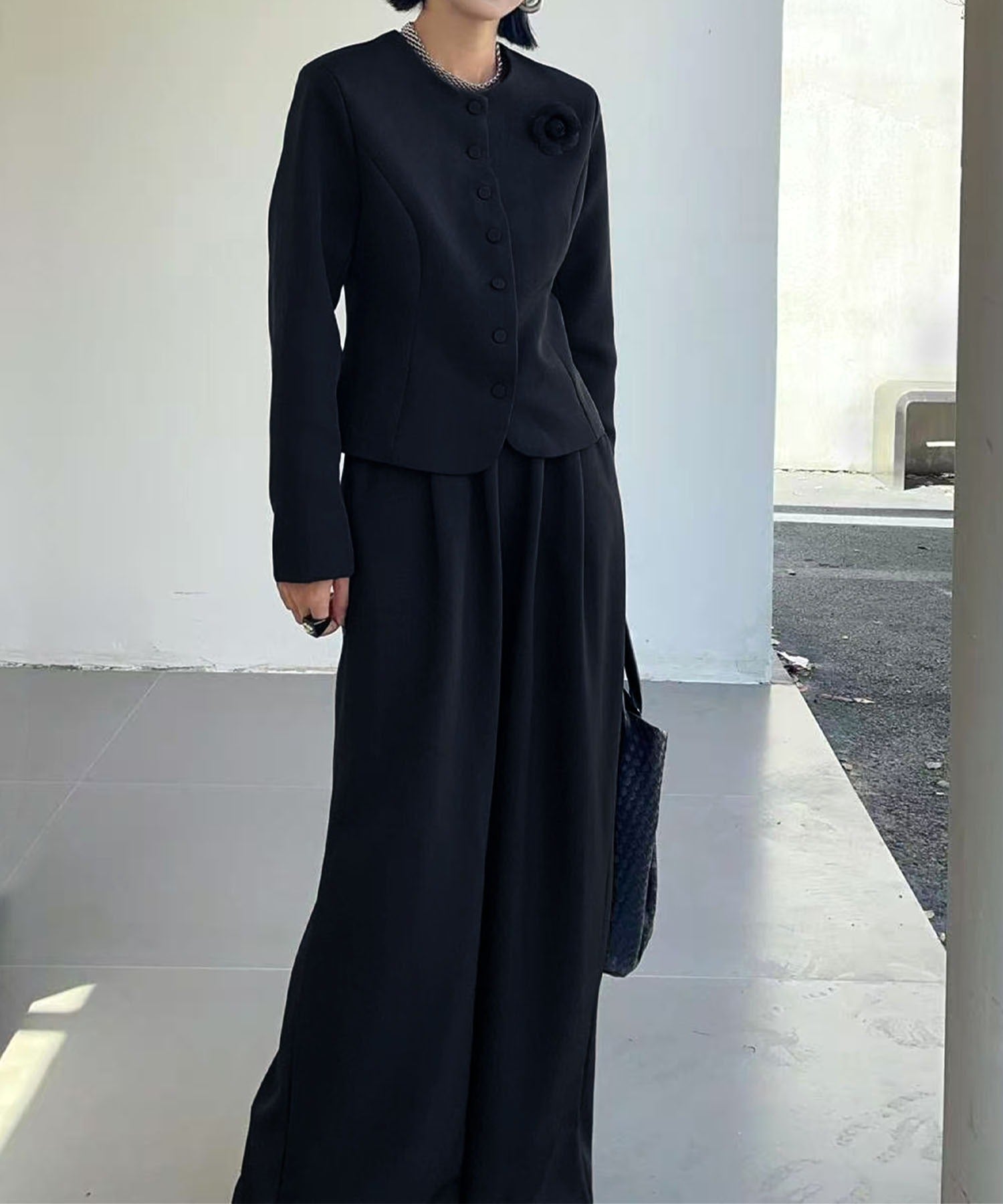 aimoha Collarless Short Jacket + Wide Leg Pants Suit Set