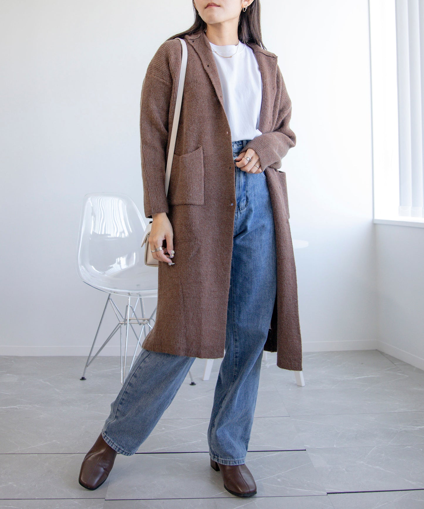 high neck long cardigan