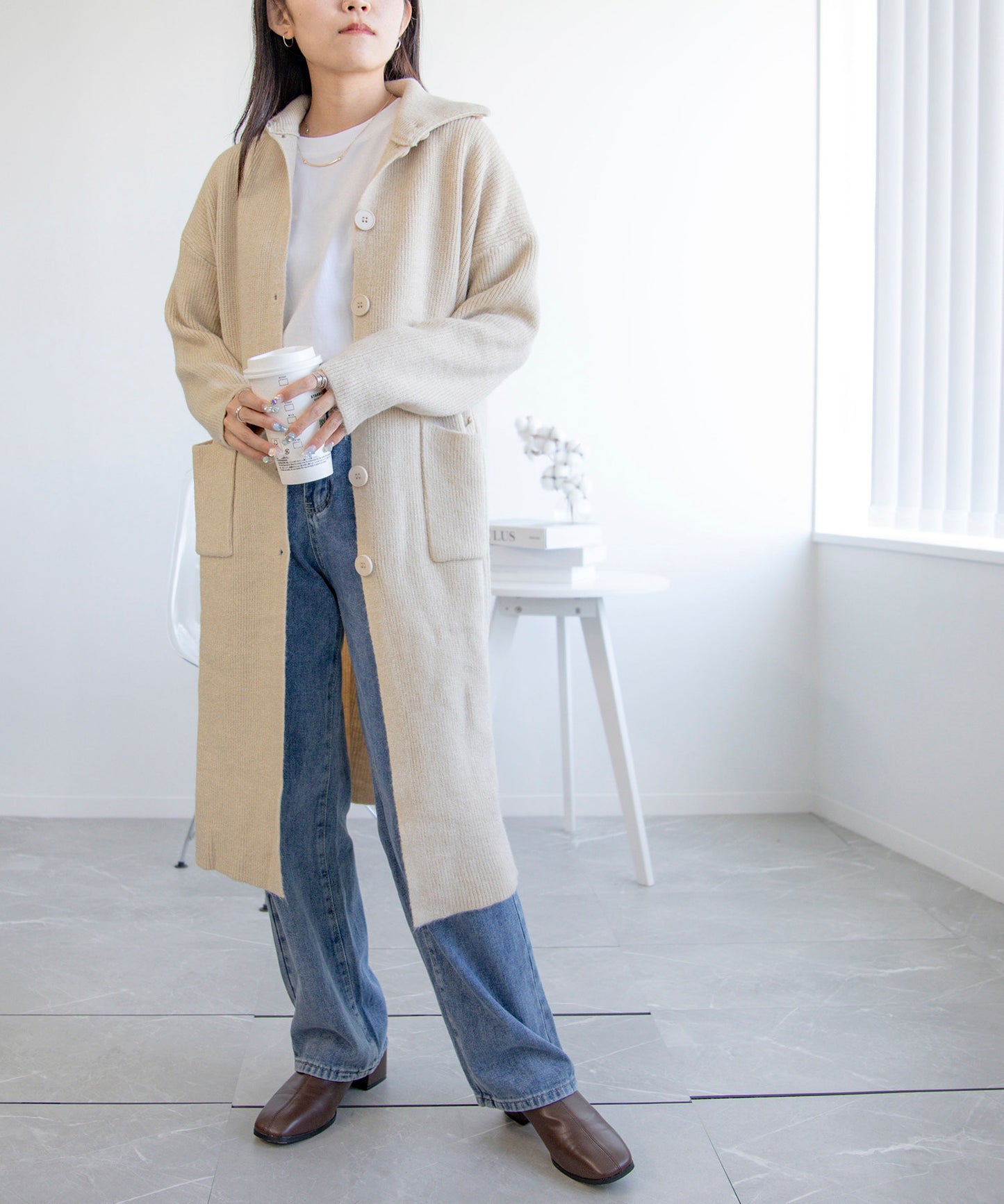 high neck long cardigan