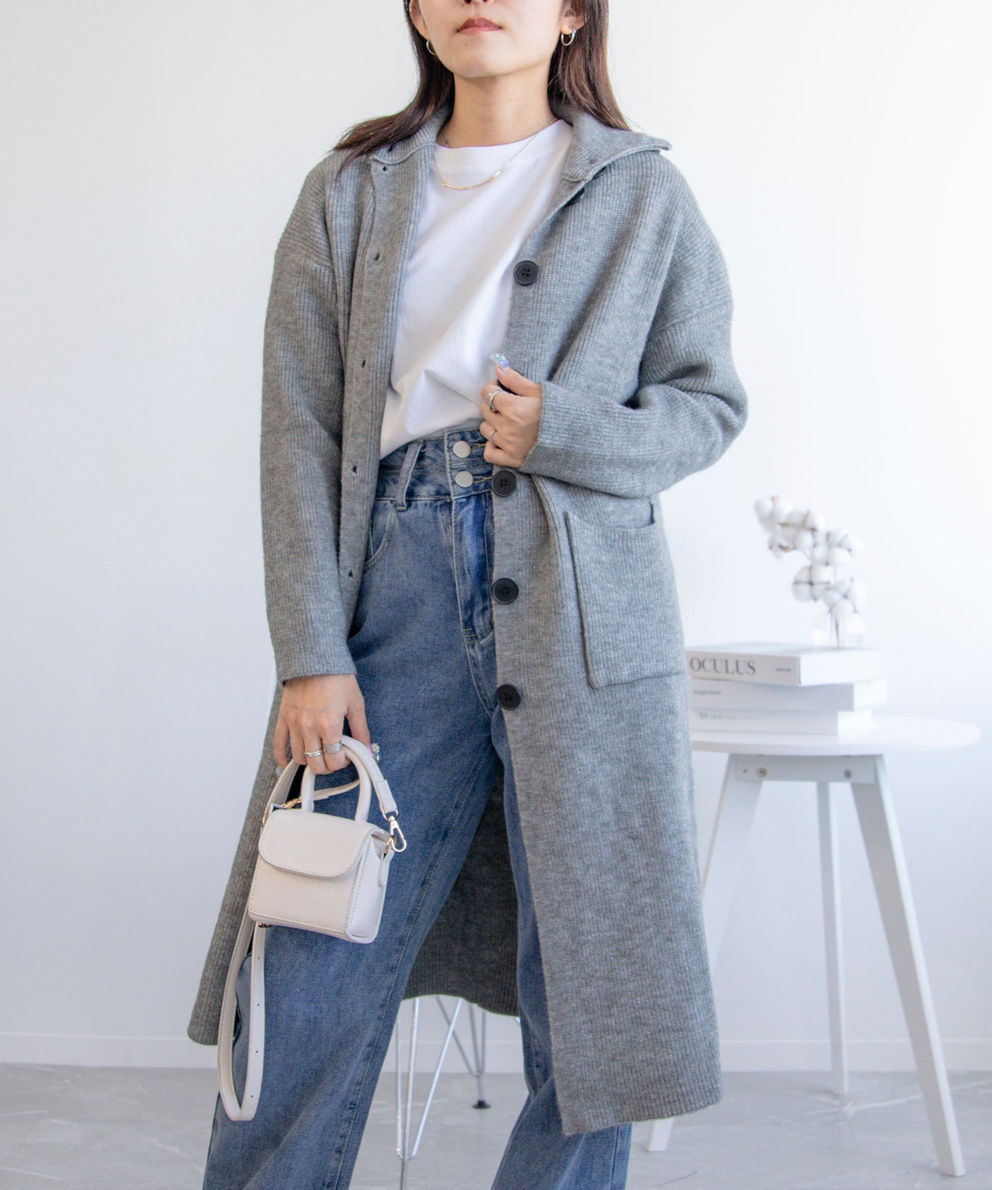 high neck long cardigan