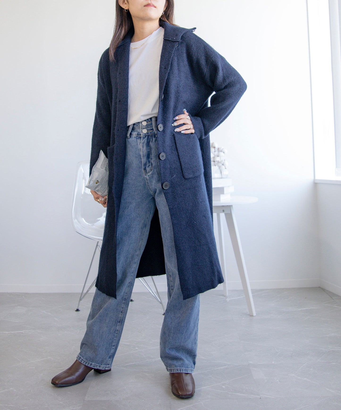 high neck long cardigan