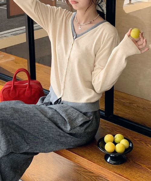 バイカラーVネックニットカーディガン