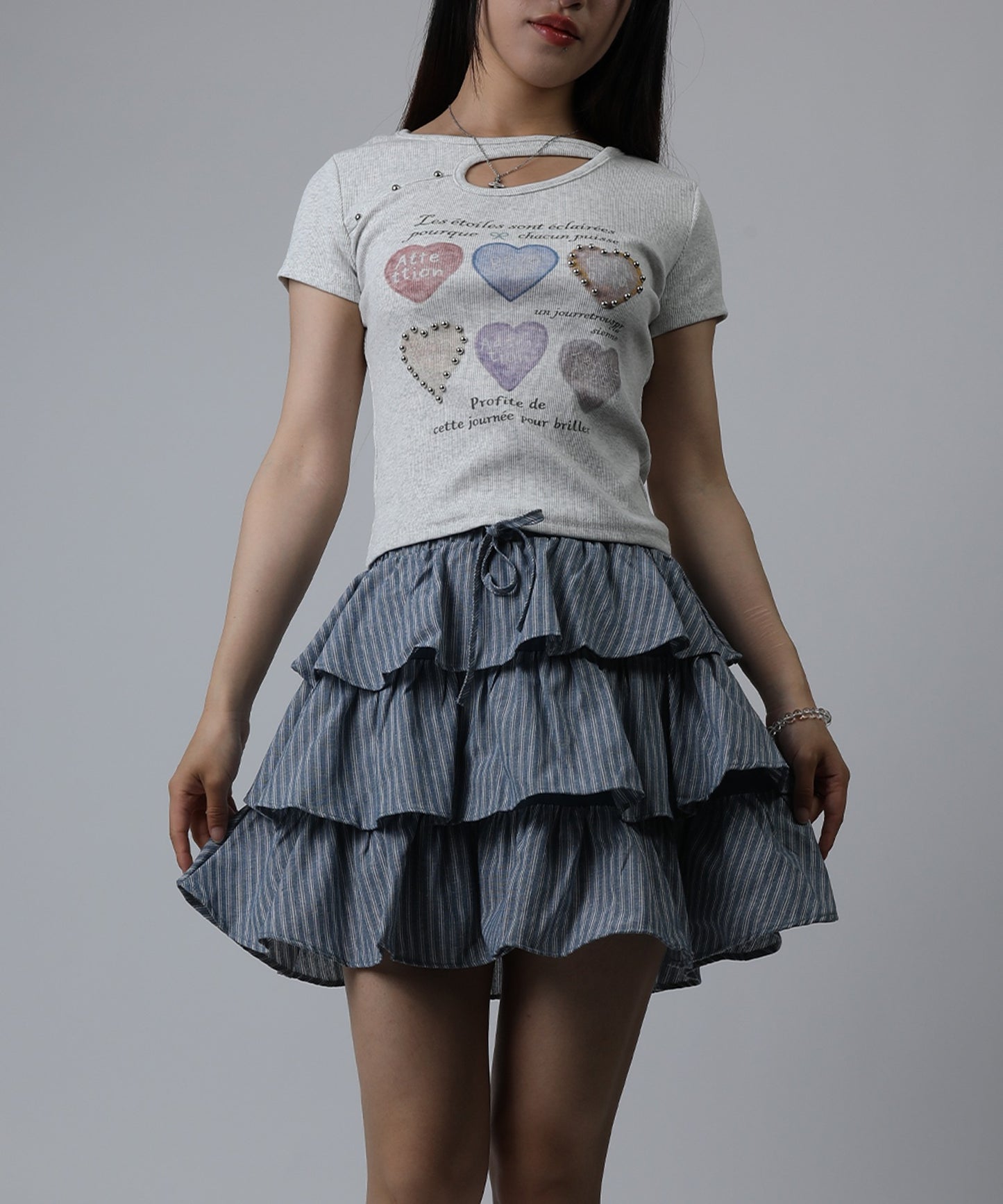 HOOK for girls　ストライプティアードフリルミニスカート