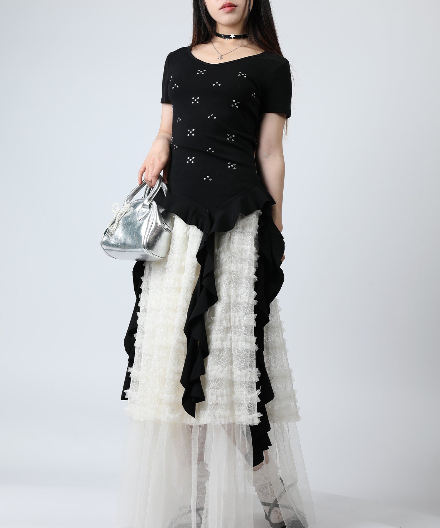 HOOK for girls　スタッズ×アシメ縦フリルヘム 半袖トップス (SS)