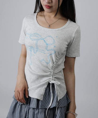 HOOK for girls リボングラフィック × サイドギャザー コンパクトストリートT