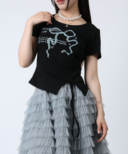 HOOK for girls リボングラフィック × サイドギャザー コンパクトストリートT