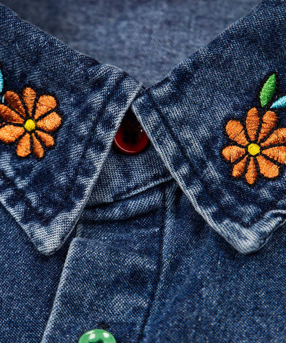 HOOK フラワーポット刺繍 × カラーボタン デニムシャツ ビッグシルエット