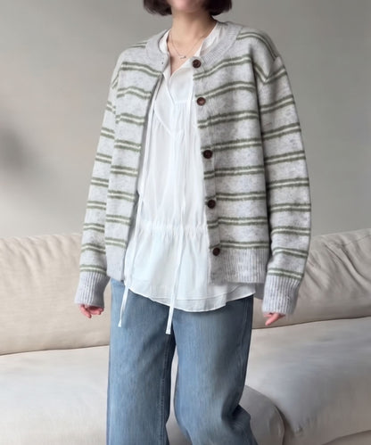 aimoha/配色ボーダールーズニットカーディガン