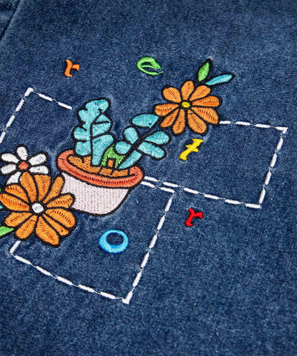 HOOK フラワーポット刺繍 × カラーボタン デニムシャツ ビッグシルエット